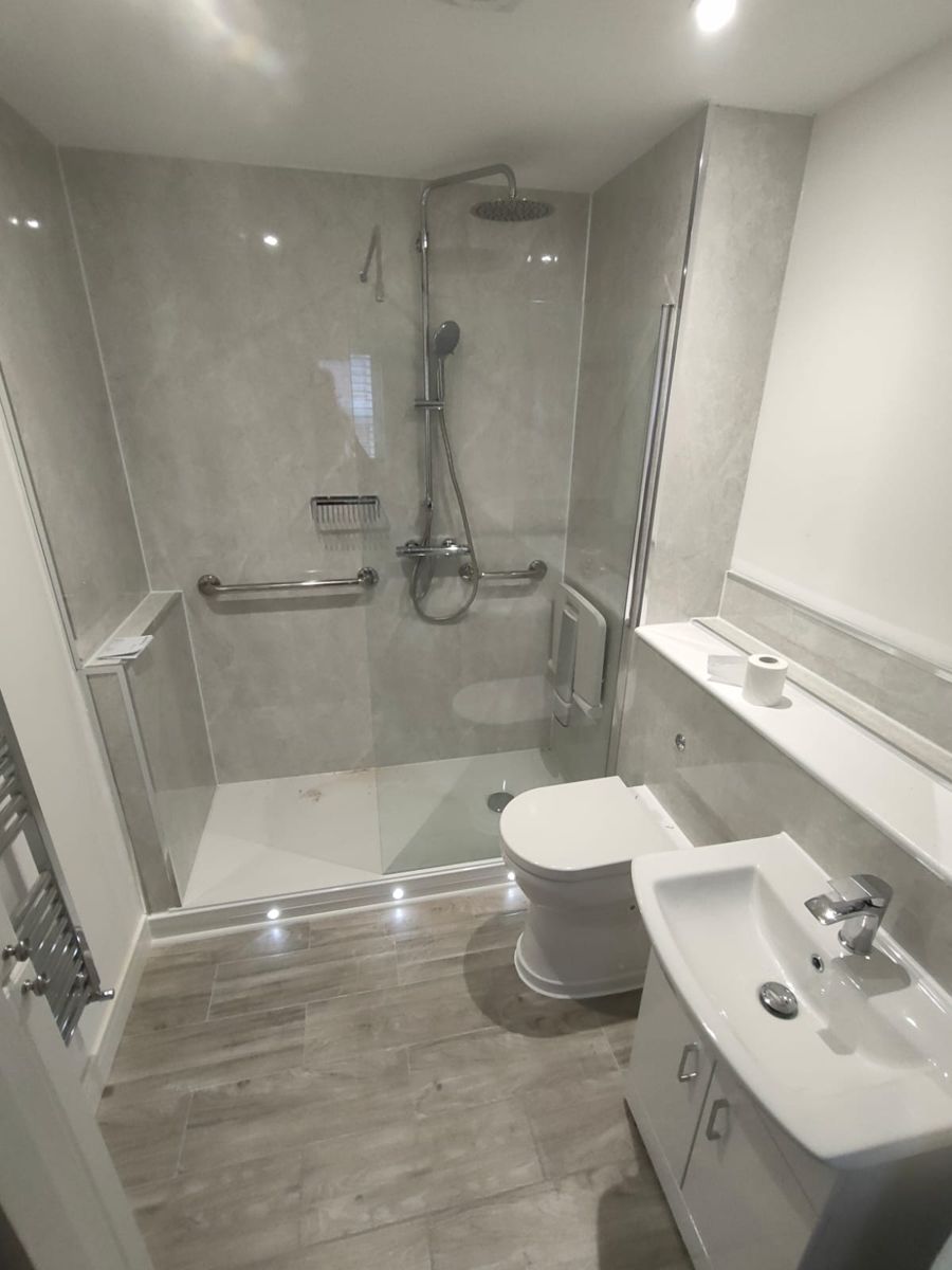 Vanity basin unit and floor-standing toilet beside the walk-in shower