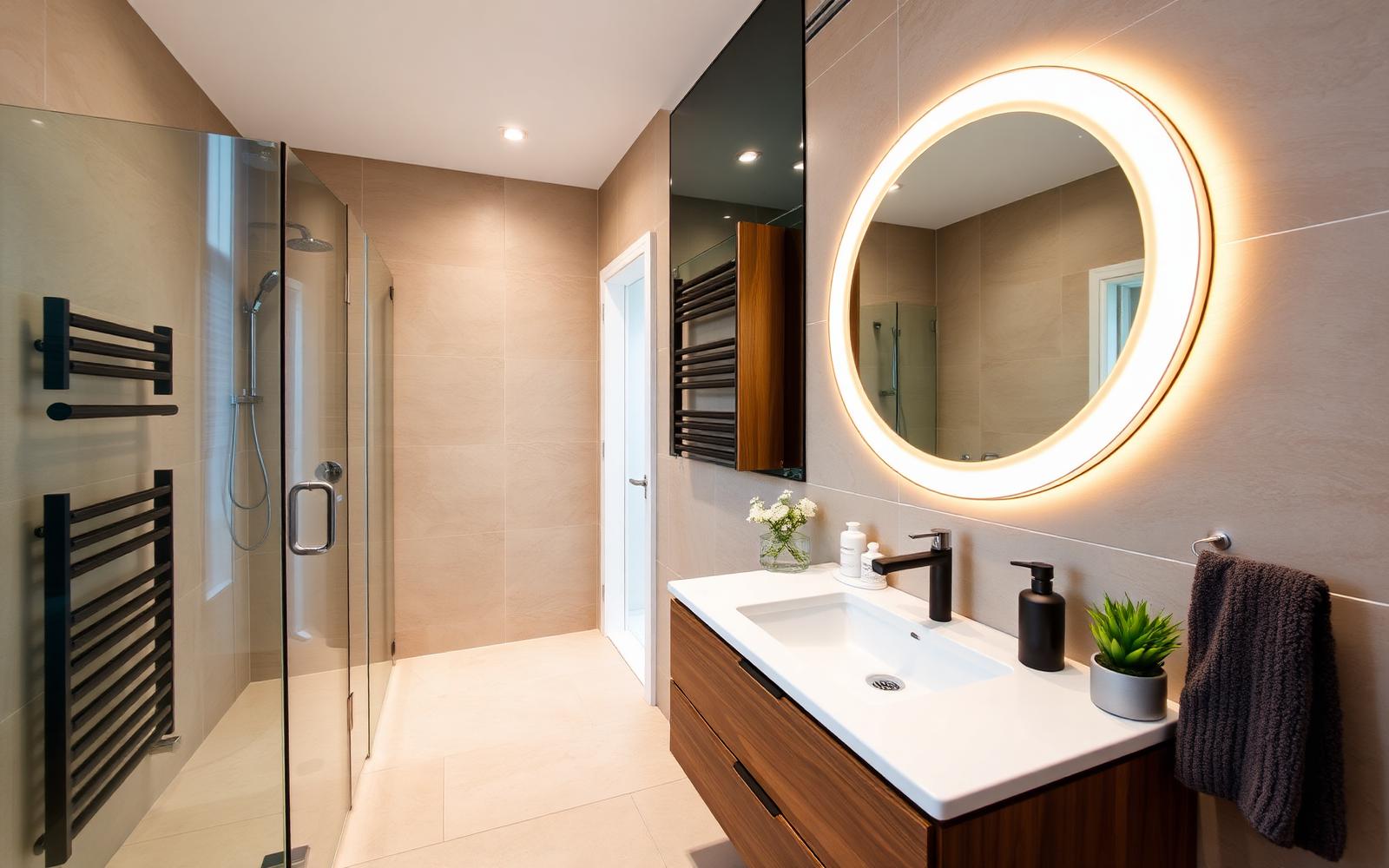 Modern luxury bathroom with walk-in shower and backlit mirror